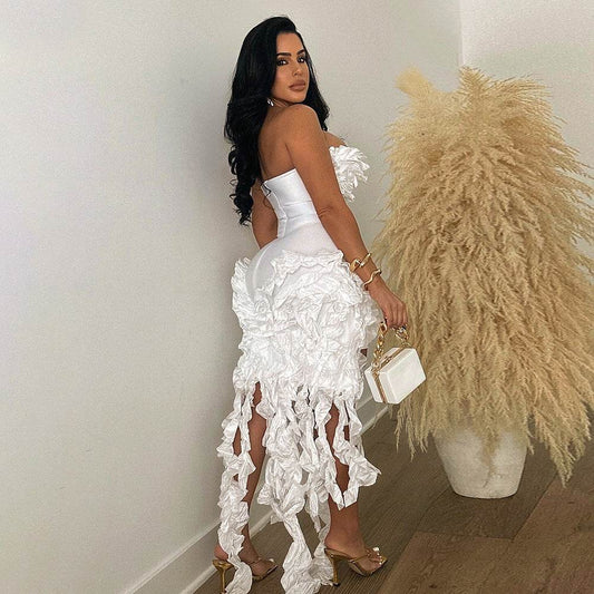 Strapless Ruffles Tassel Splicing Irregular dress - REBECATHELABEL