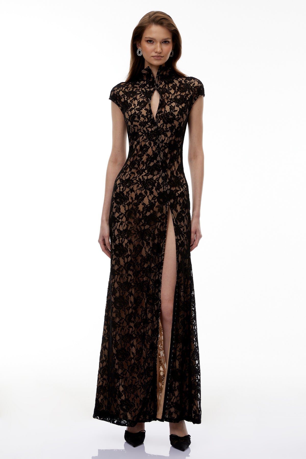 Black Keyhole Lace Maxi Dress with High Thigh Slit