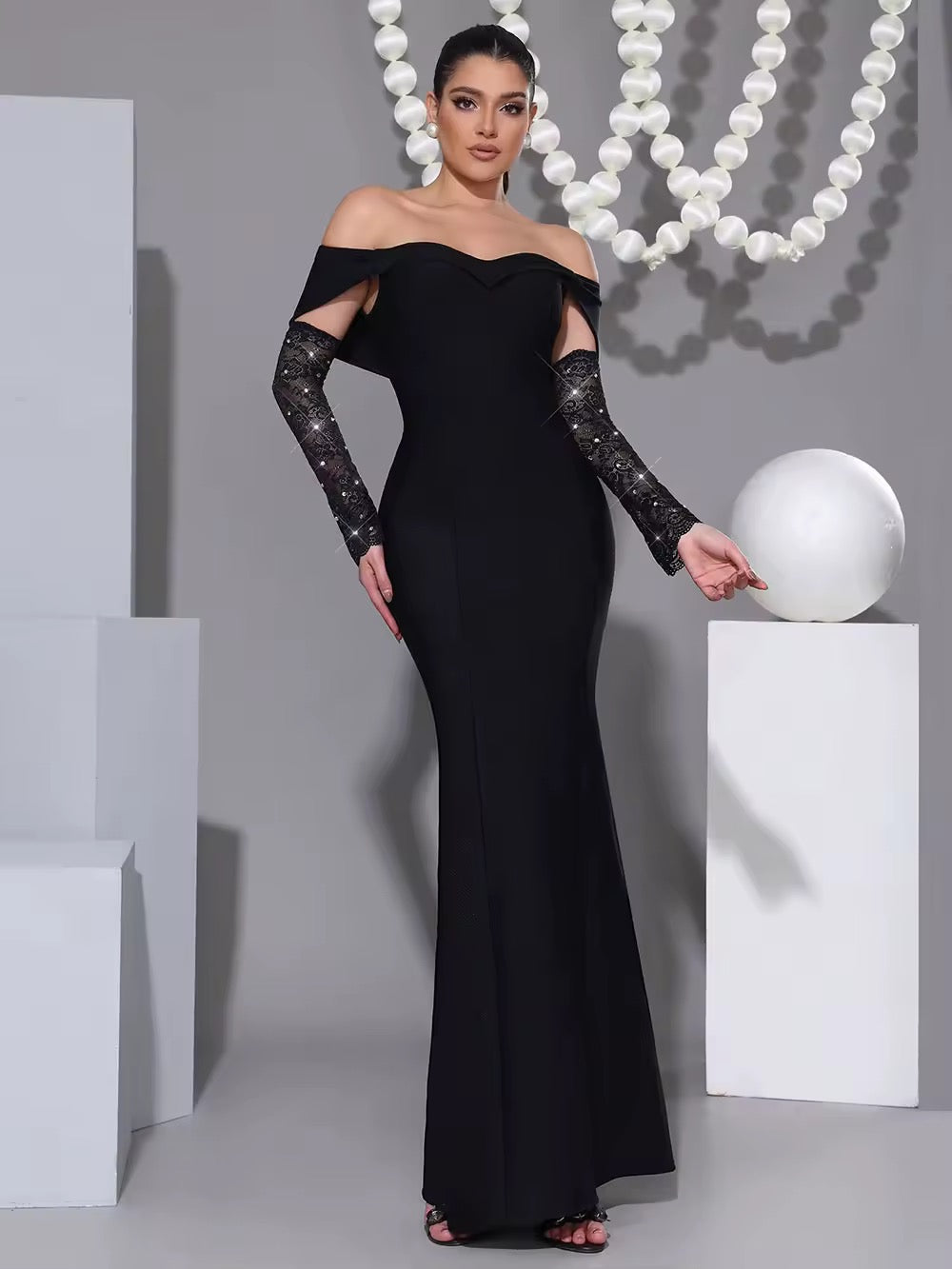 Black Bandage Maxi With Lace Sleeve Dress
