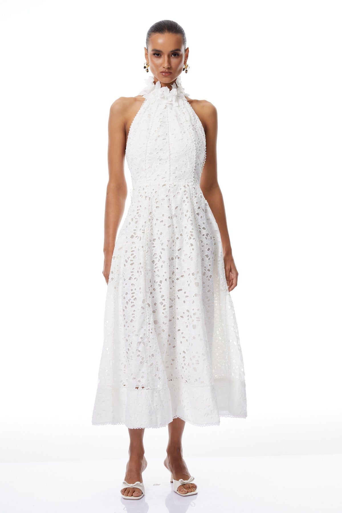 White Halterneck Corded Lace Midi Dress