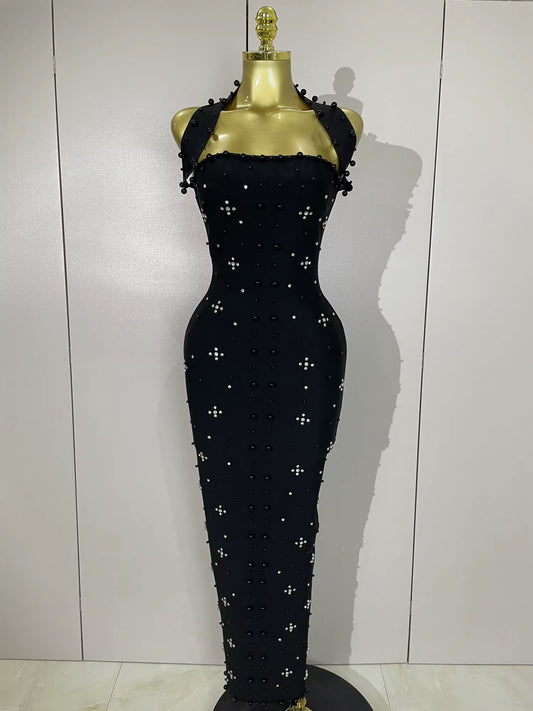 Sparkly Rhinestone Pearl Sleeveless Bodycon Bandage Long Dress