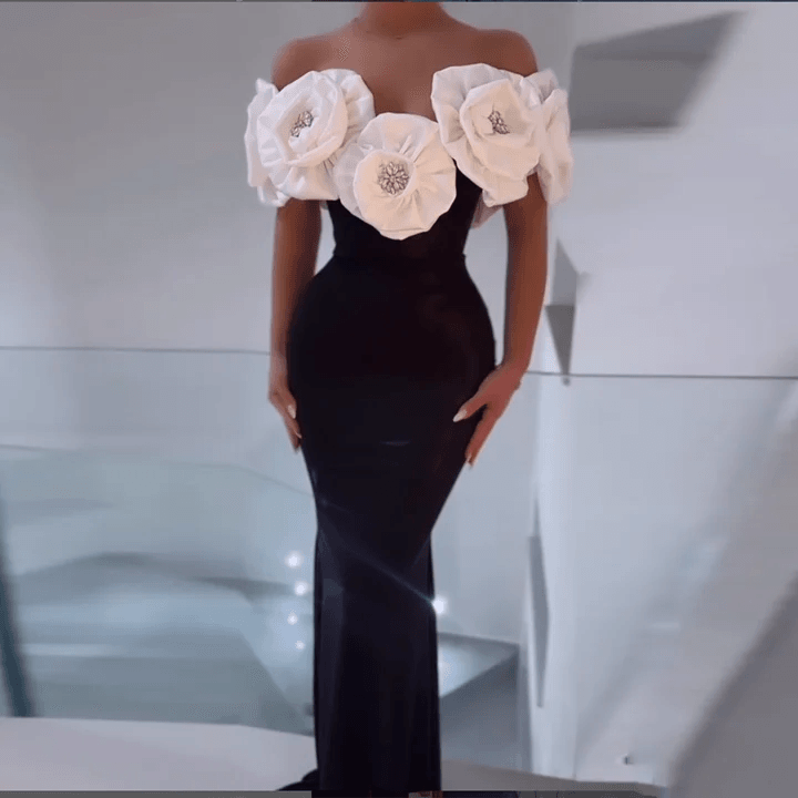 Off Shoulder 3D Flower Design Tight Long Bandage Dress - REBECATHELABEL