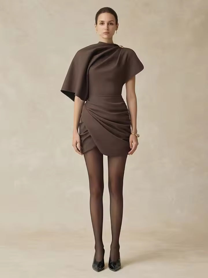 Brown Asymmetrical Gathered Mini Dress