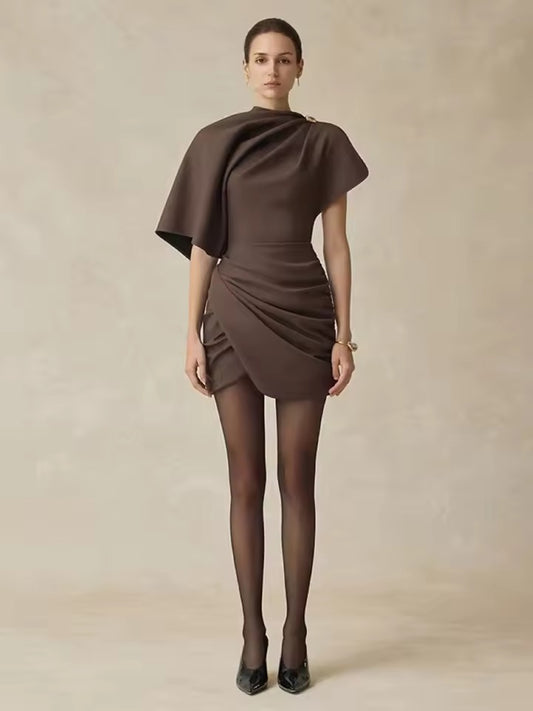 Brown Asymmetrical Gathered Mini Dress