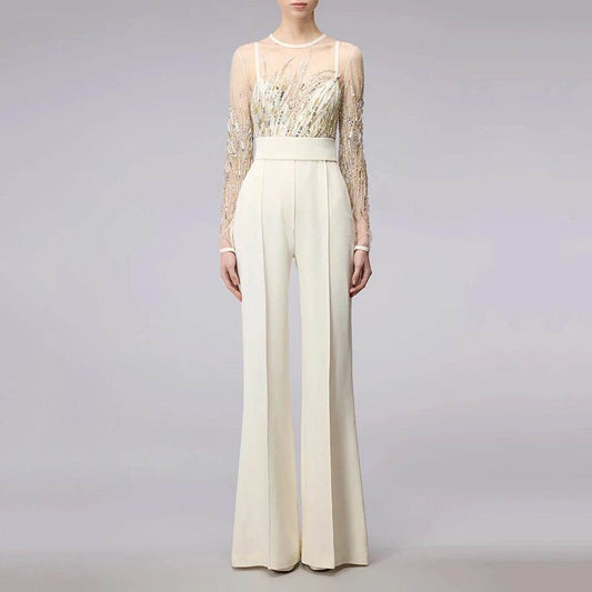 White Pearl Sequin Embroidered jumpsuit - REBECATHELABEL