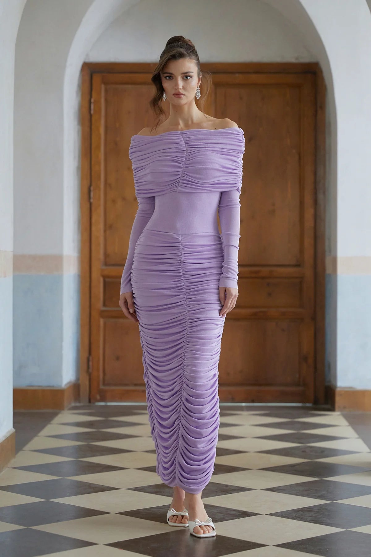 Purple Ruched Draped Knit Maxi Dress