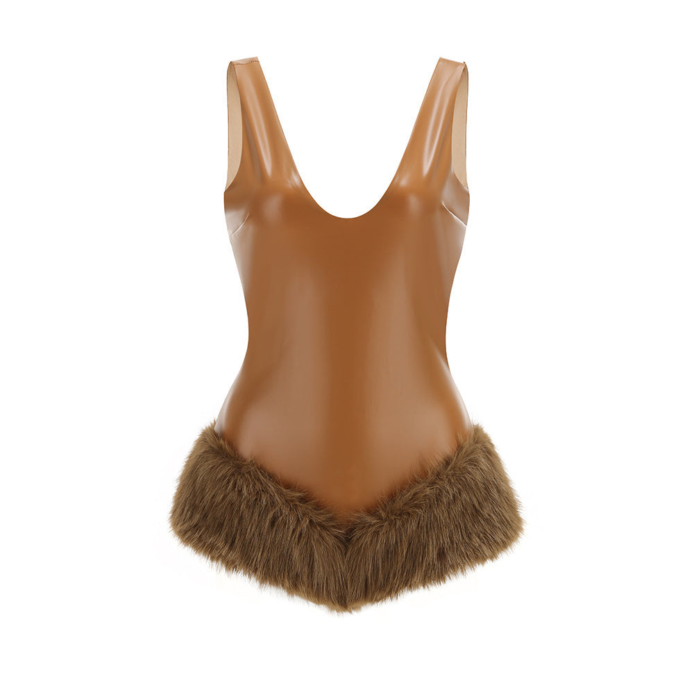 Deep V Neck Faux Leather Fur Patchwork Bodysuit