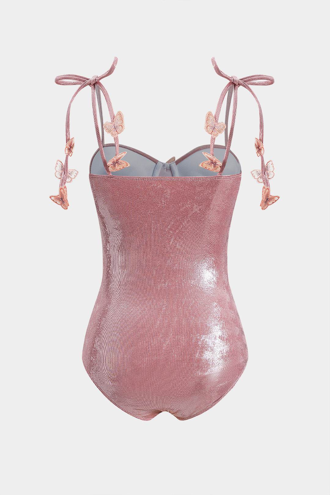 3D Embroidery Bow Strappy Bustier Corset One-Piece Swimsuit - REBECATHELABEL