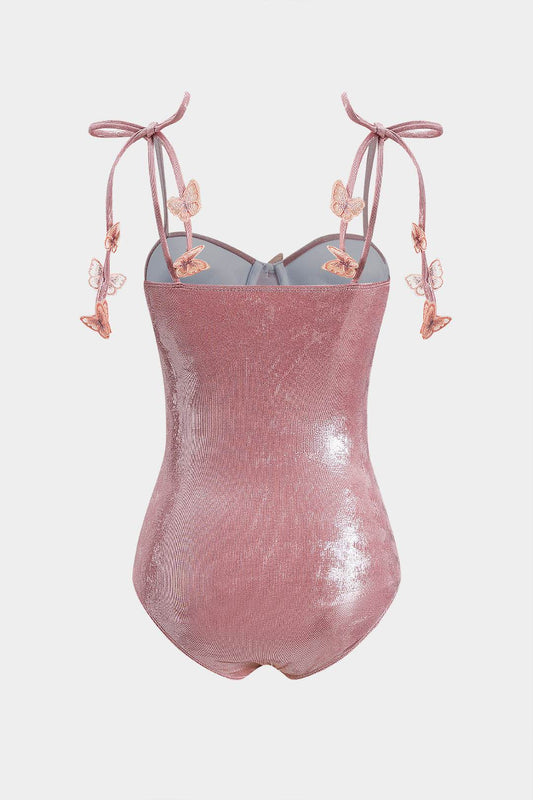 3D Embroidery Bow Strappy Bustier Corset One-Piece Swimsuit - REBECATHELABEL