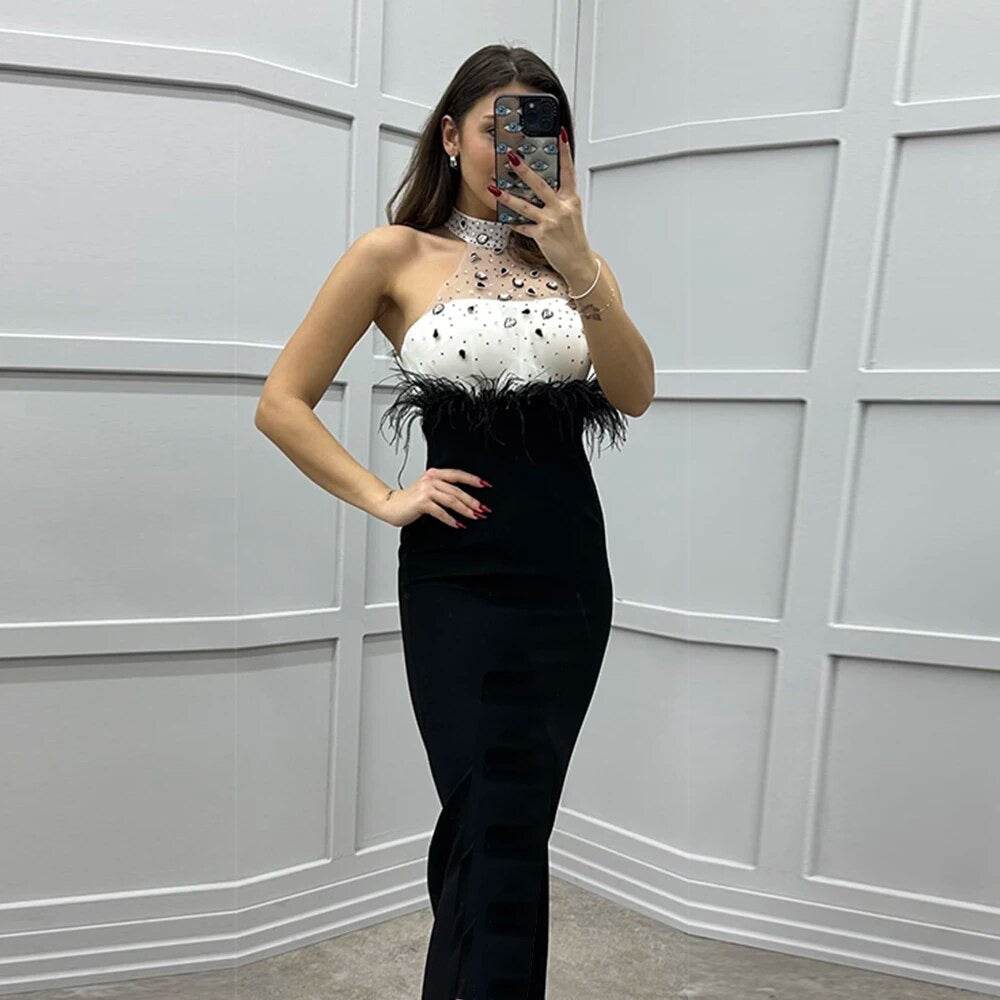 Patchwork Sexy Sleeveless Luxury Diamond Feather Tight Midi dress - REBECATHELABEL