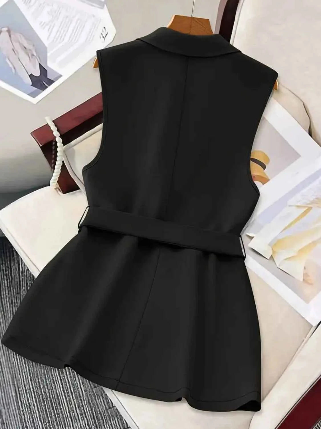 Tie Waist Lapel Collar Sleeveless Blazer