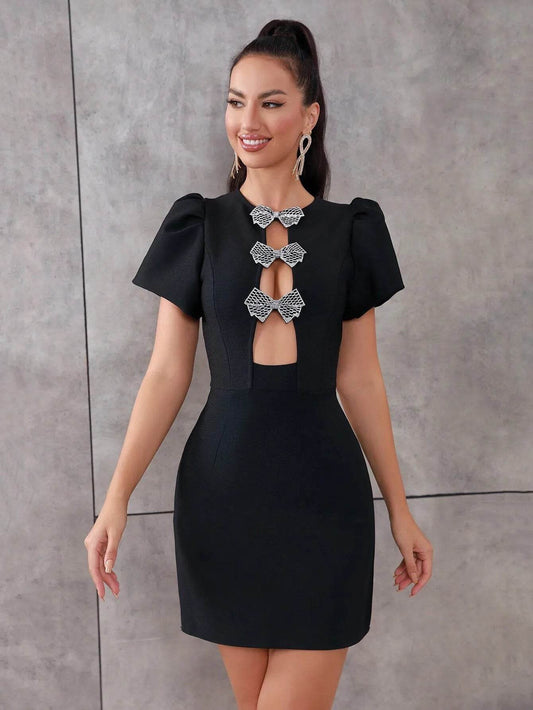 Short sleeved Diamond Bow Hollow Tight Mini Tie dress - REBECATHELABEL