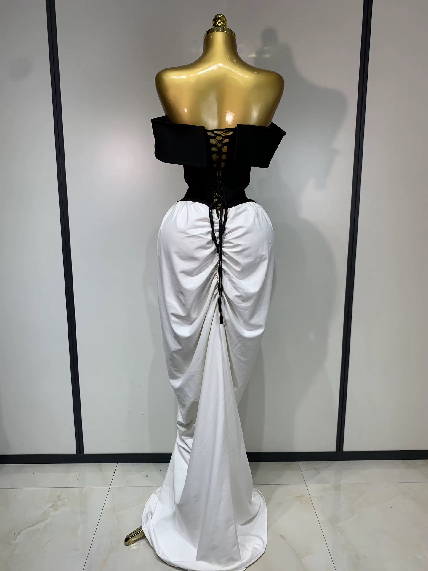 Off Shoulder Black And White Bandage Mermaid Long dress