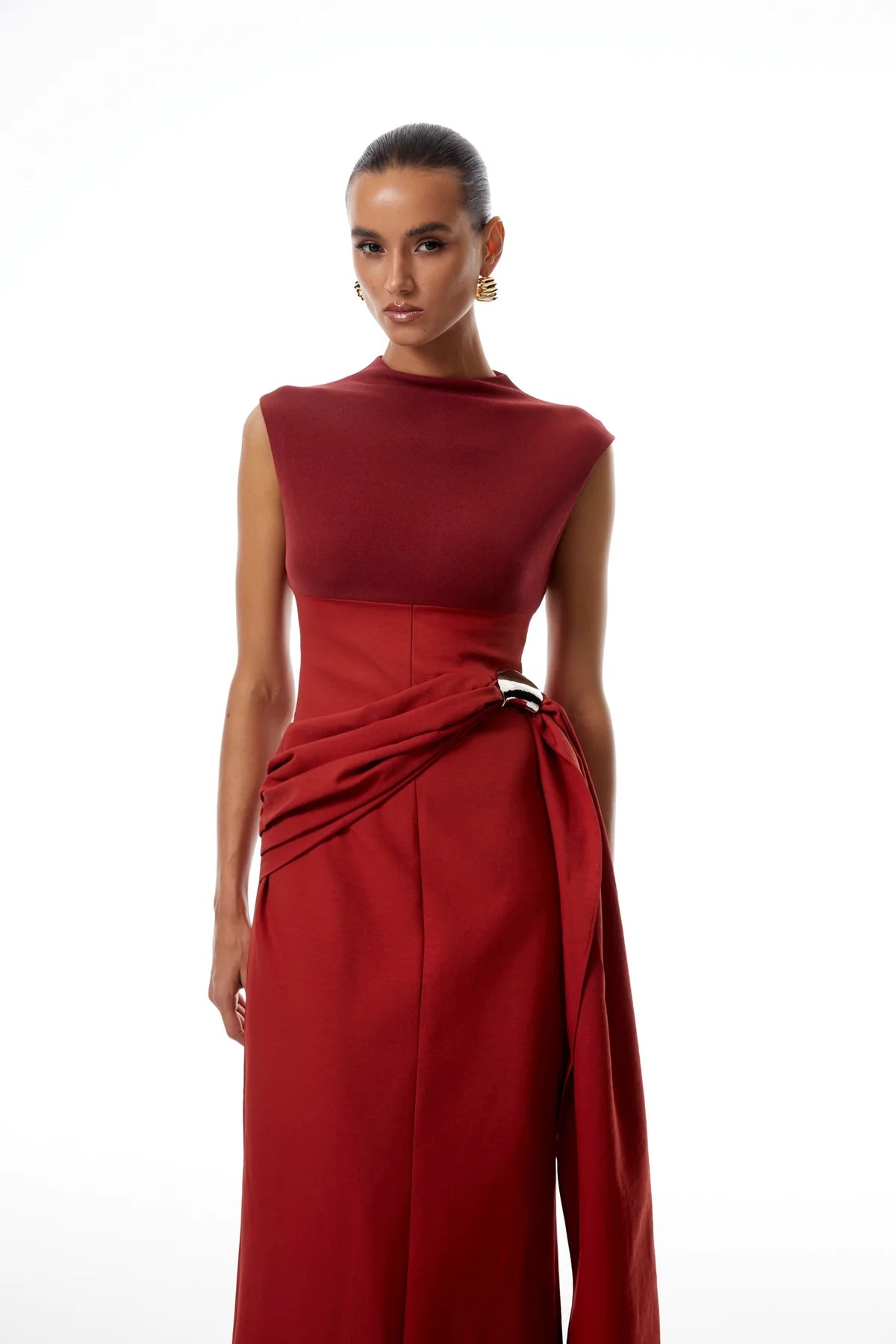 Red Knit Panel Gathered Maxi Dress