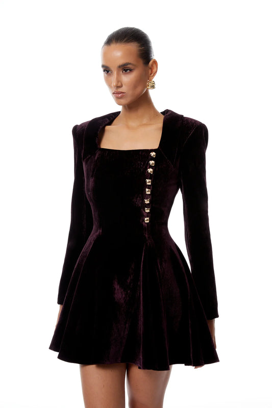 Aubergine Square Neck Velvet Mini Dress