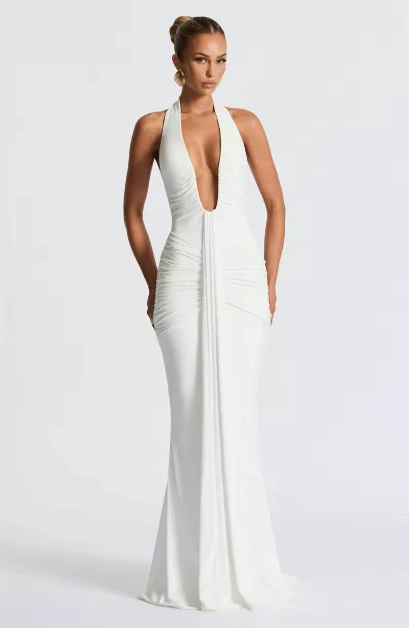 Deep V Neck Backless Ruched Sexy Maxi Dress - REBECATHELABEL