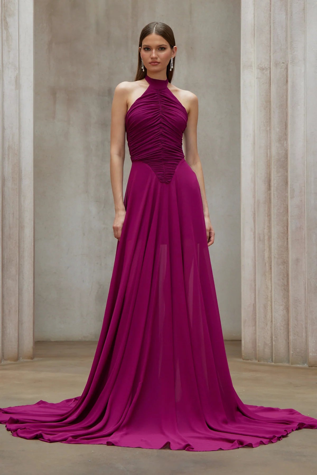 Purple Train Design Ruched Maxi Dress
