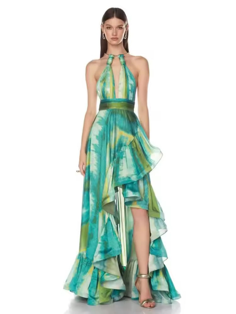 Halter Neck Hollow Out Printed Slim Long Dress