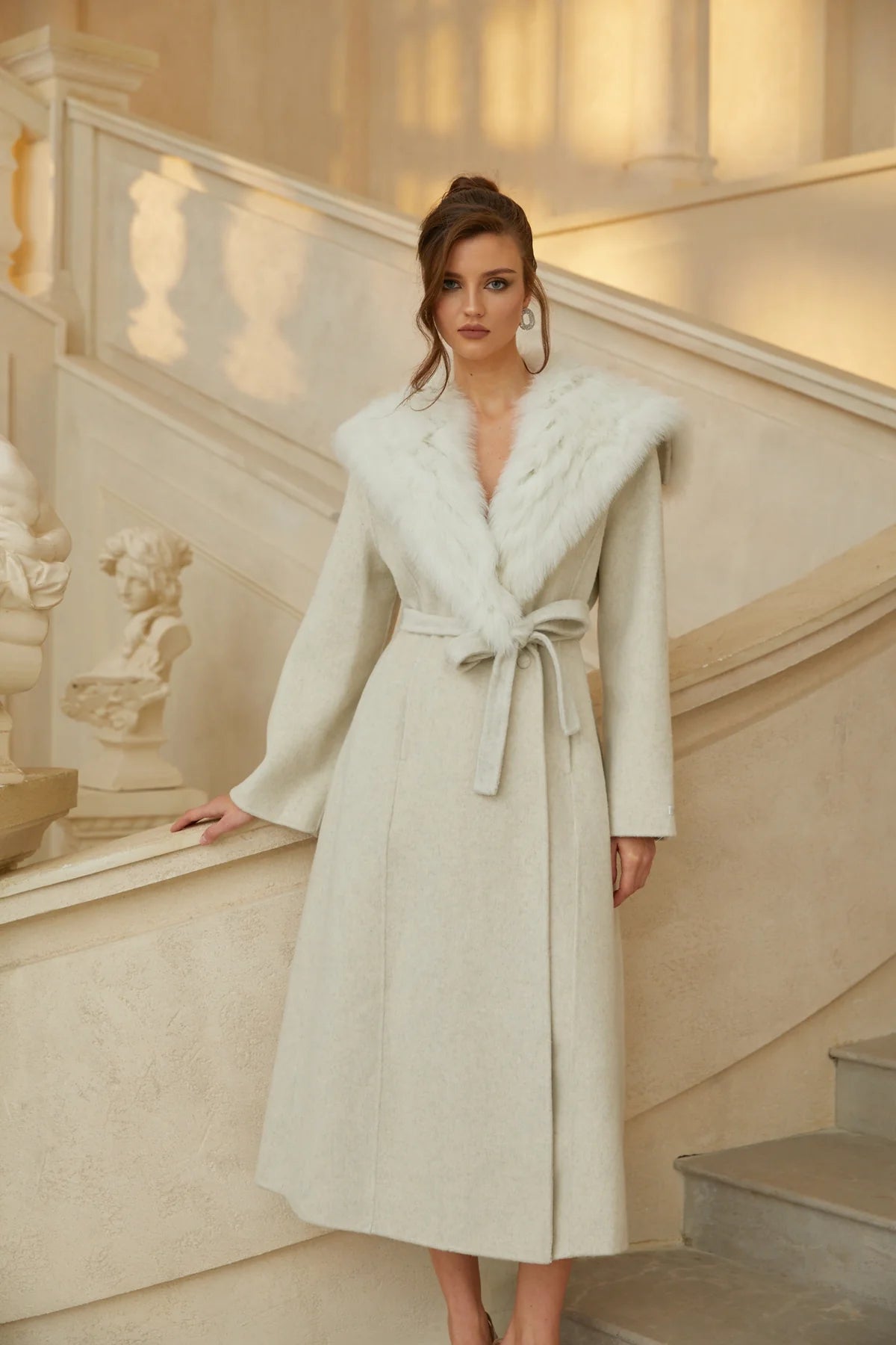 Off White Fur Lapel Long Wool Coat