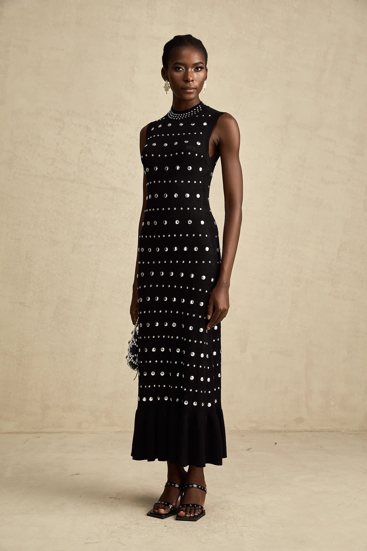 studded crochet-knit maxi dress in Black