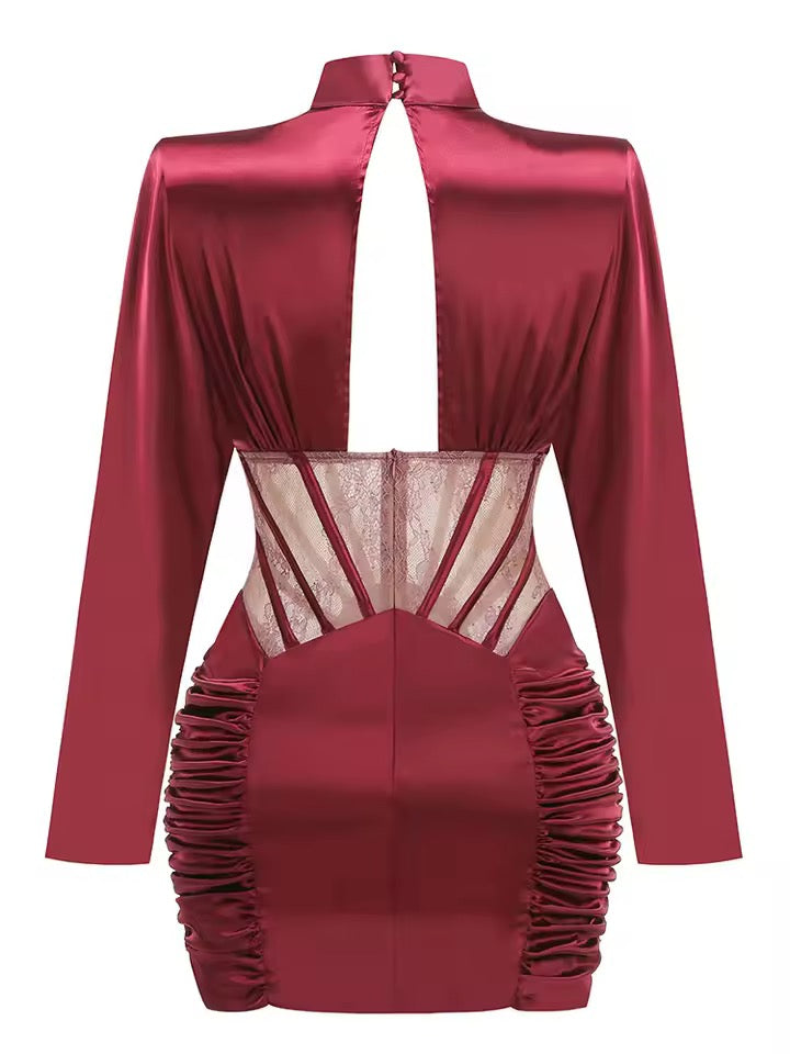 O Neck Hollow Out Lace Patchwork Folds Mini Dress