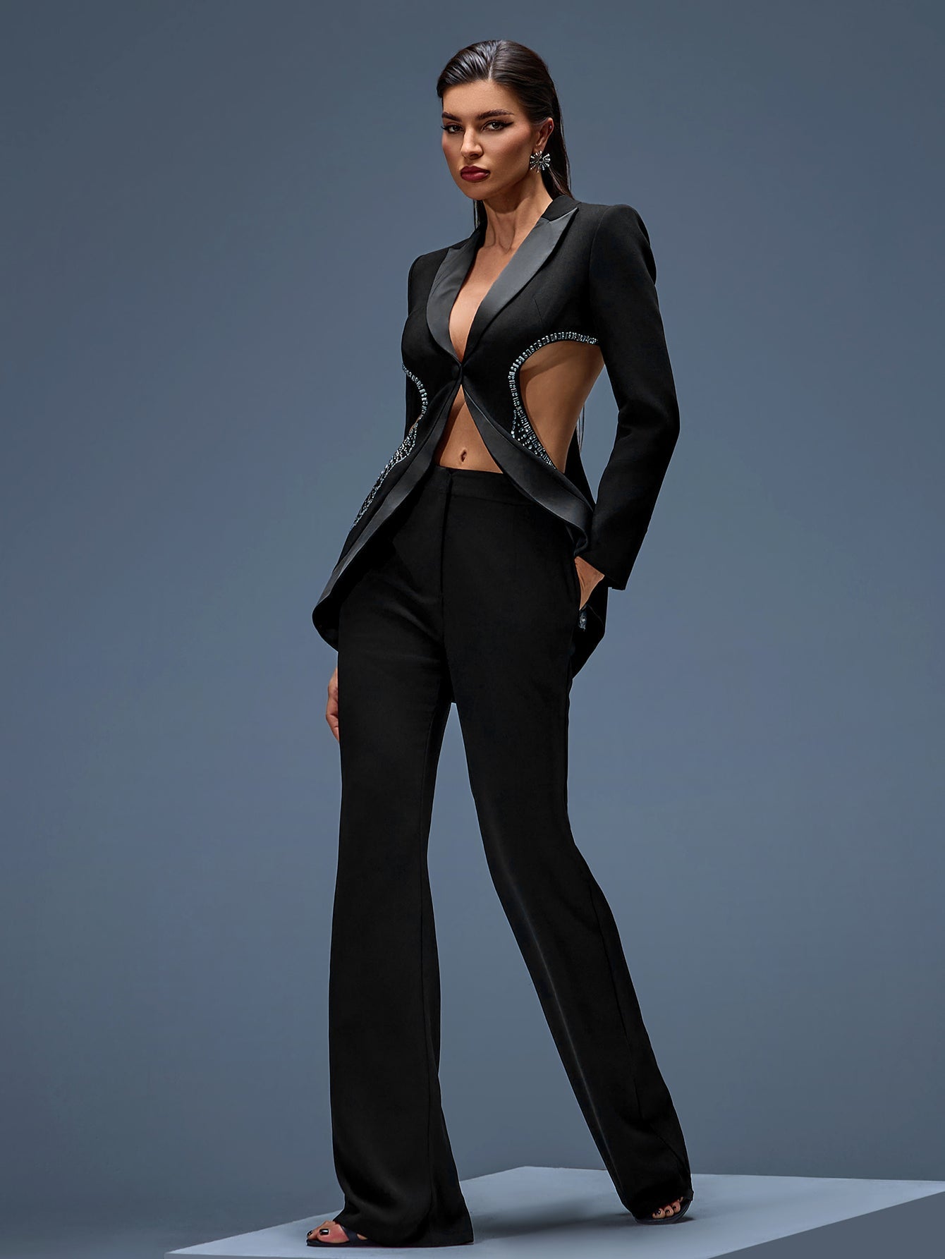 Hollow out Rhinestone Suit Jacket And Pants Two Piece Set