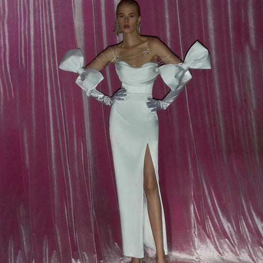 Crystal Chain Bow Mesh Maxi Long Bodycon Bandage Dress - REBECATHELABEL