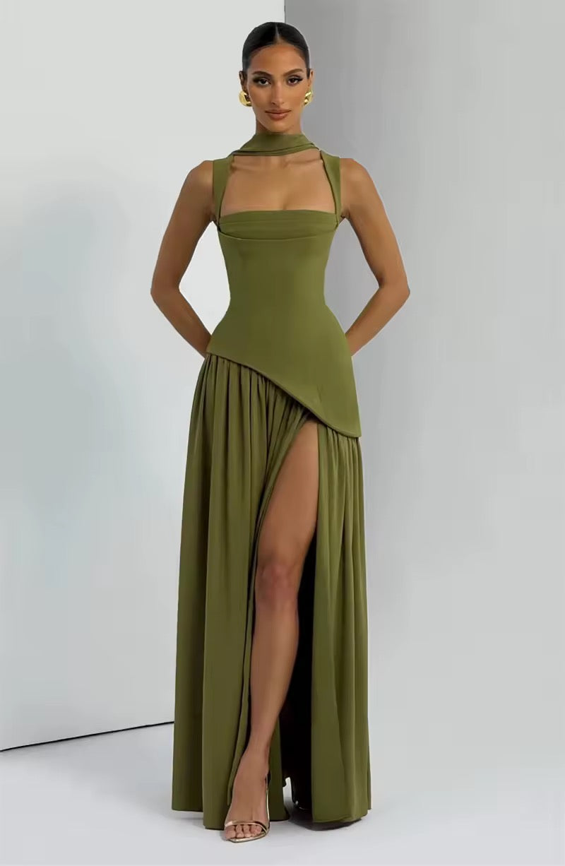 Green Strapless Corset Chiffon Maxi Dress