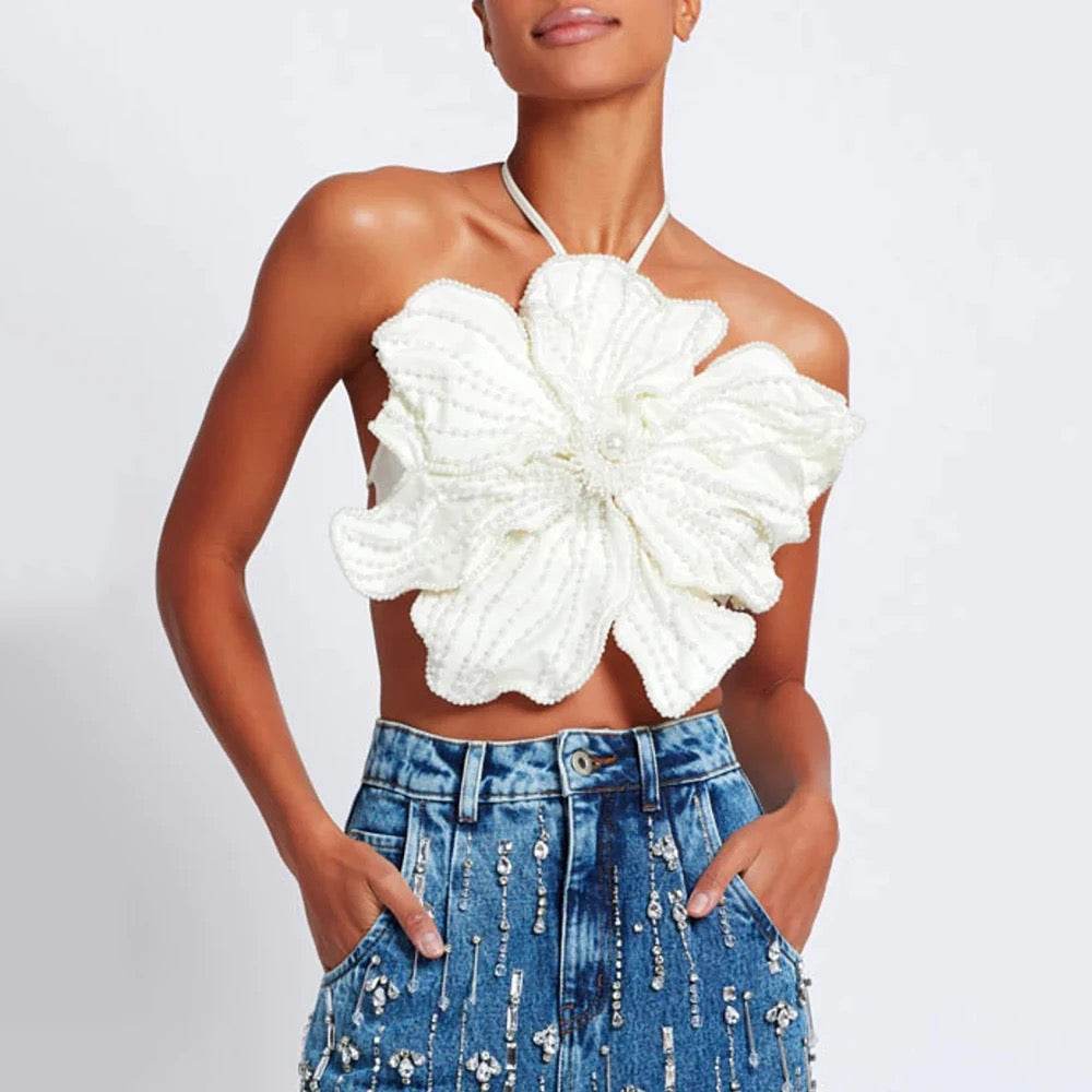 Handmade Beaded Flower Sexy Short Hanging Neck top - REBECATHELABEL