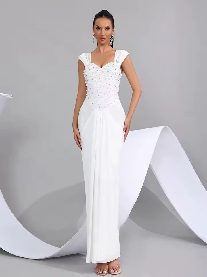 Strapless Dress Lady Pearl Beading Backless High Waist Long Dress