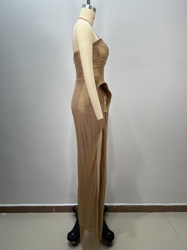 Tube Top Beaded Slim Bag Hip Split Sequined Party Dinner Evening Dress