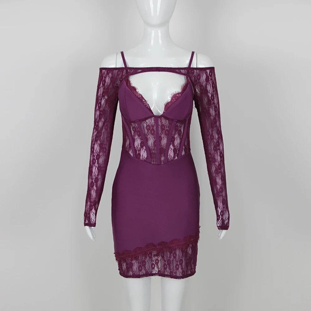 Off the Shoulder Long Sleeve Lace Mini Bandage Dress - REBECATHELABEL