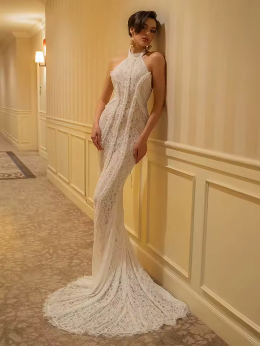 Backless lace-up Bridal Halter Sleeveless Gown dress