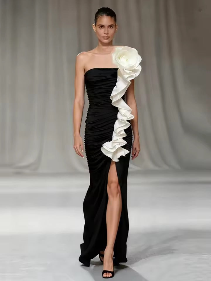 One Shoulder Strap 3D Flower Ruffles Long Dress