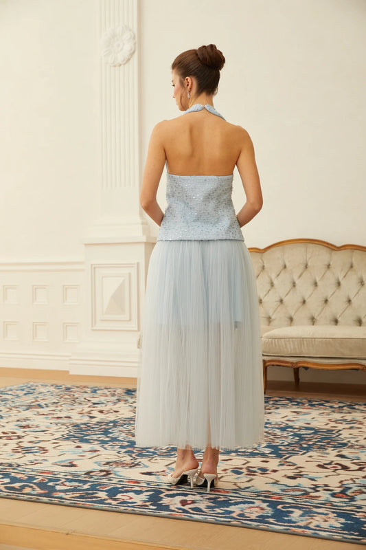 Blue Tweed Waistcoat & Tulle Skirt Set