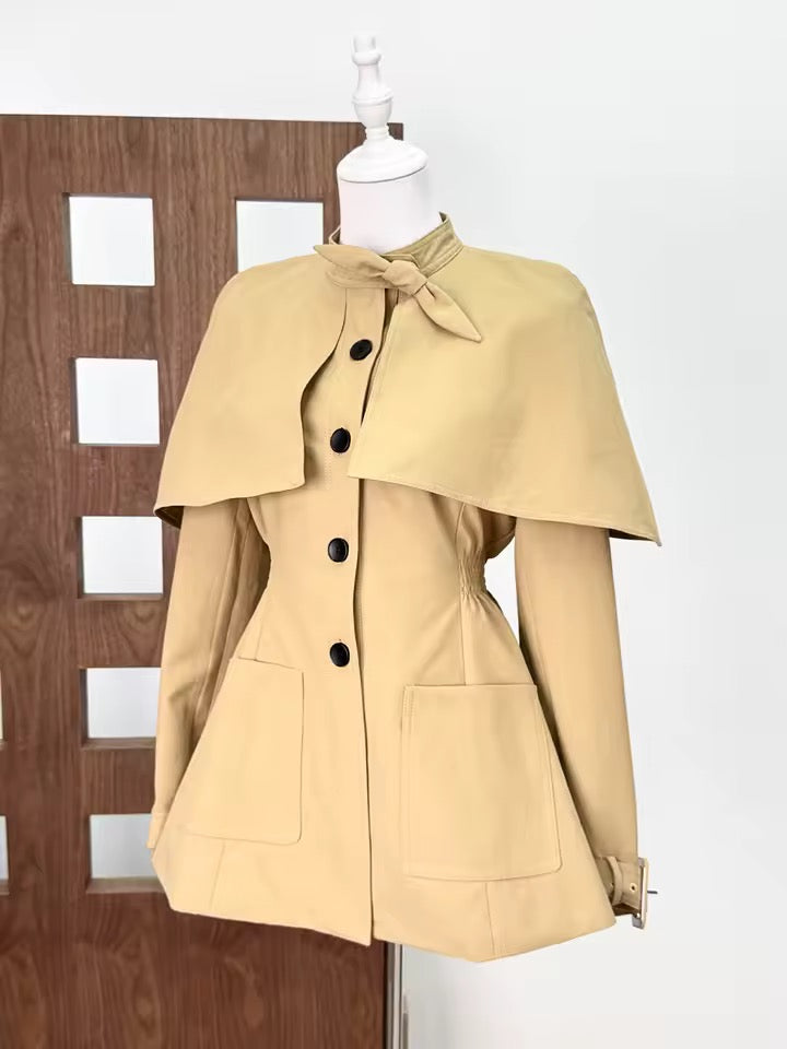Spliced Bow Tie Cape Design Waist Tied Midi Trenchs