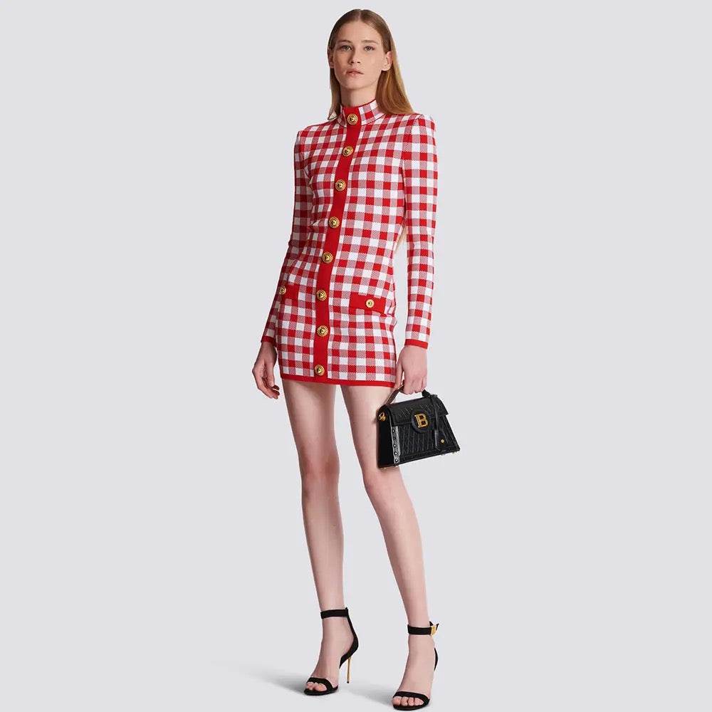 Long Sleeve Button Checkered Jacquard Tight Mini - REBECATHELABEL