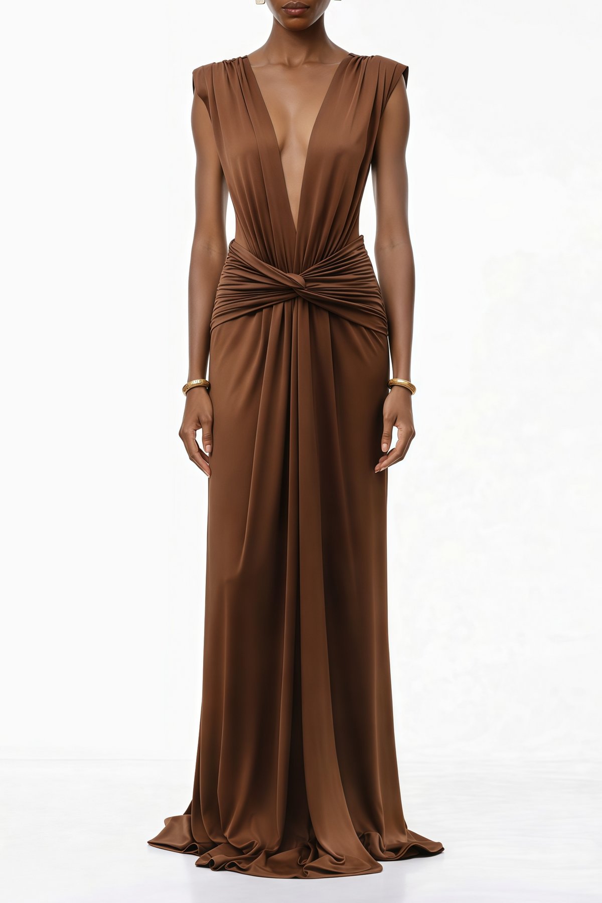 Brown Deep V-Neck Twisted Maxi Dress