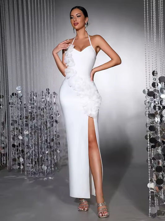 White 3D Flower Sexy Halter Off The Shoulder Bodycon Long Bandage Dress