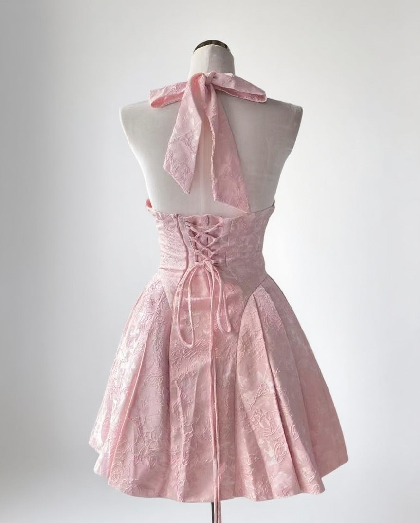Jacquard Satin V Neck Halter Corset Mini dress
