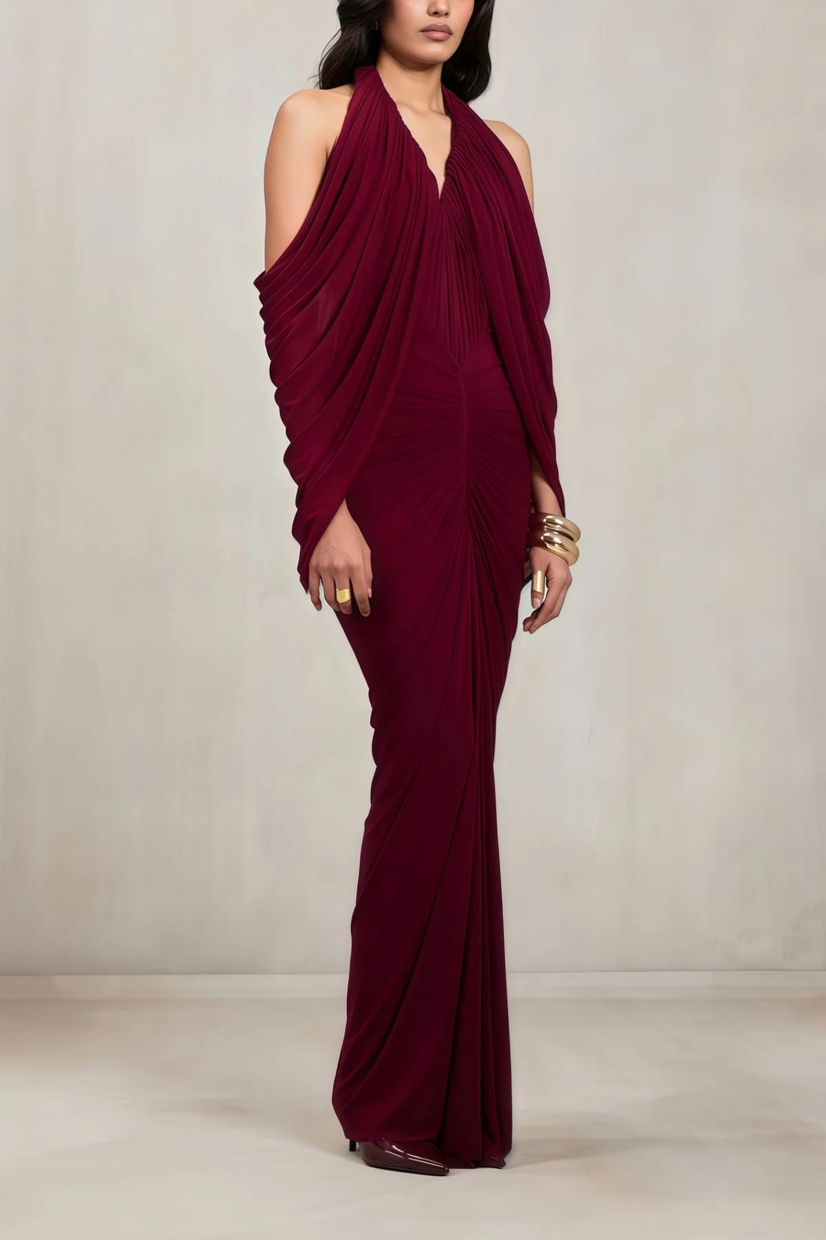 Red Cold Shoulder Draped Maxi Dress