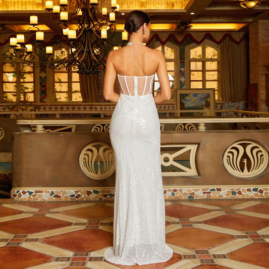 Long Sequined off Neck Cocktail Evening Dress - REBECATHELABEL