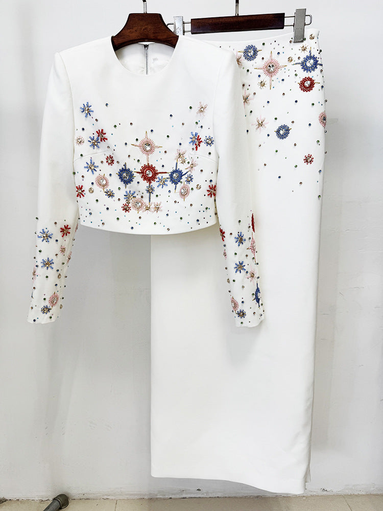 Crystal Long 2 Piece Skirts Suits Sexy Crop Tops Beading Midi Skirts Suit