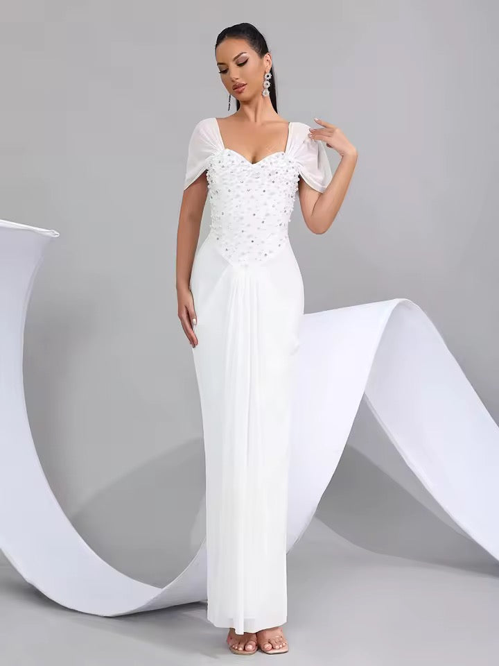 Strapless Dress Lady Pearl Beading Backless High Waist Long Dress