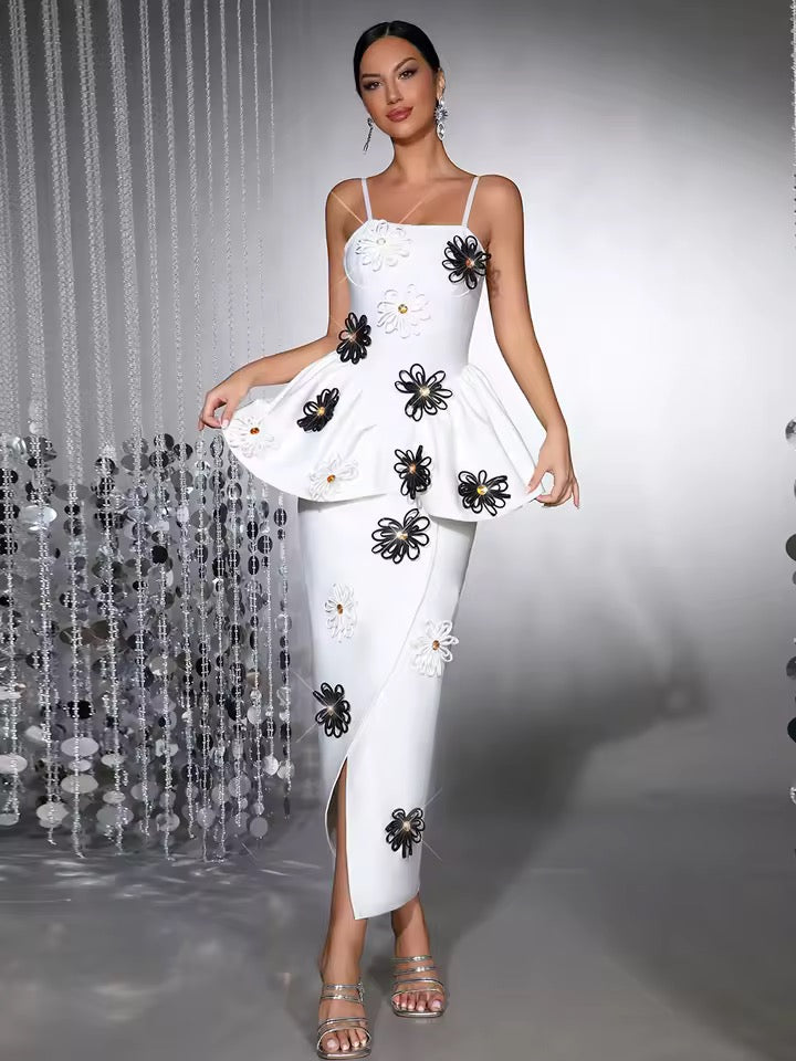 Spaghetti Strap Splicing Flowers Long Dress