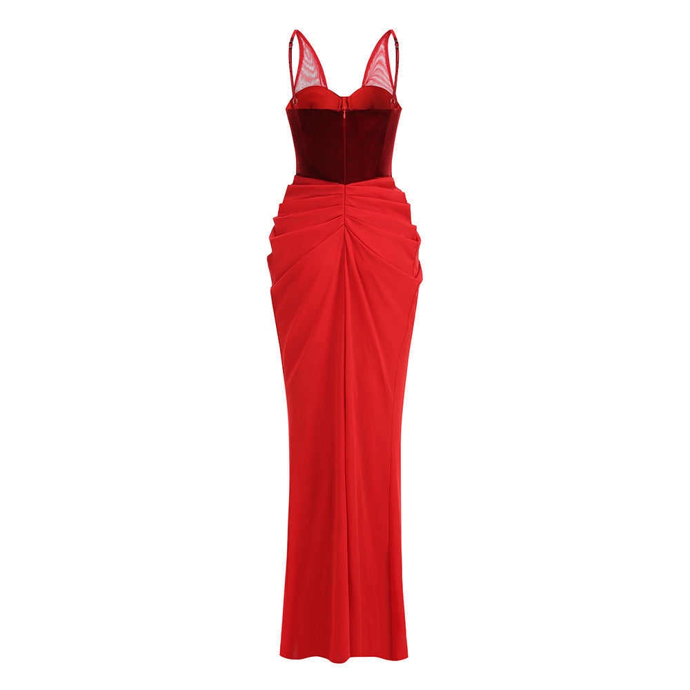 Mesh Straps Velvet Corset Patchwork Long Dress