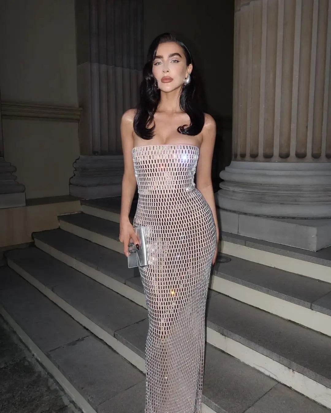 Khaki Sexy Strapless Sparkling Diamond Edge Maxi Dress - REBECATHELABEL