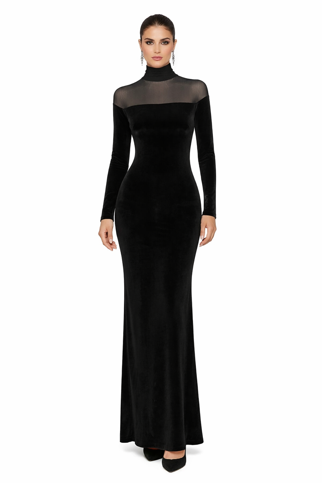 Long Sleeve Mesh Insert Velvet Maxi Dress Black