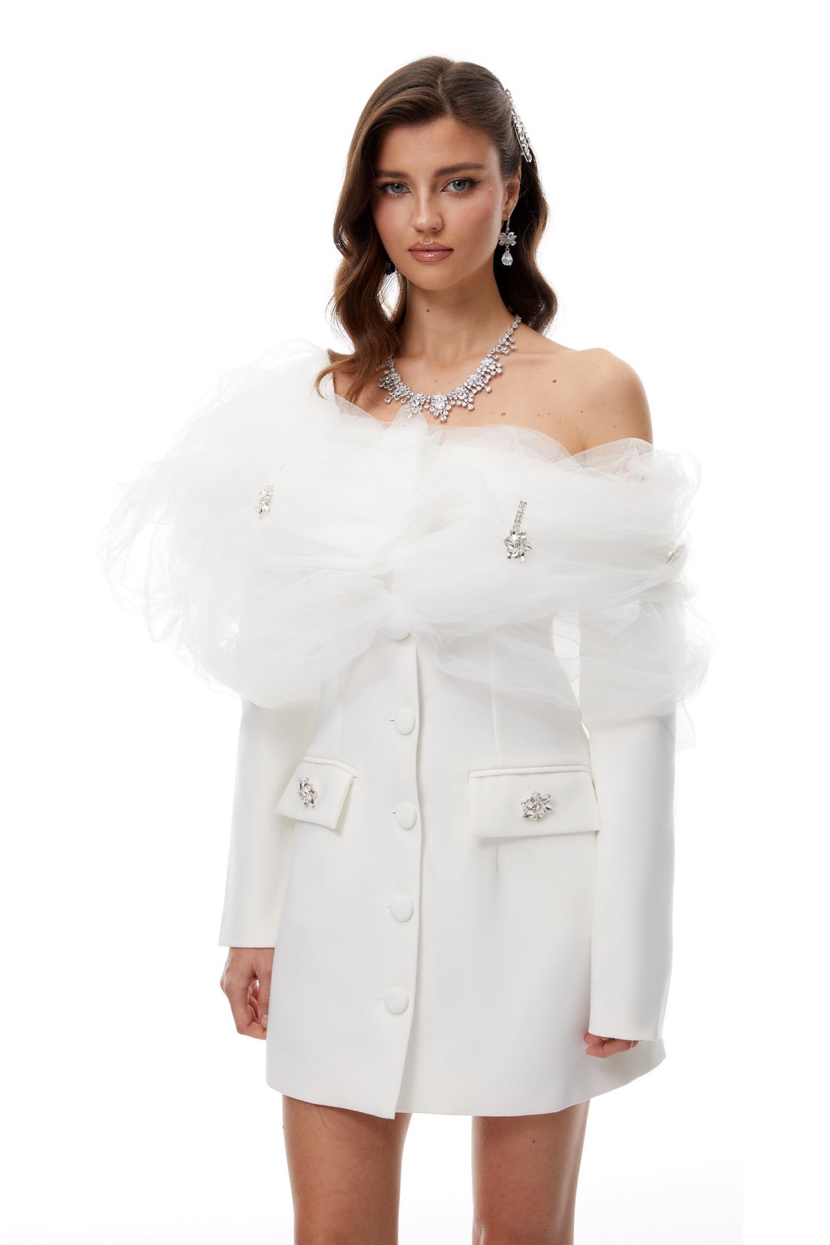 White Tulle Panel Mini Blazer Dress