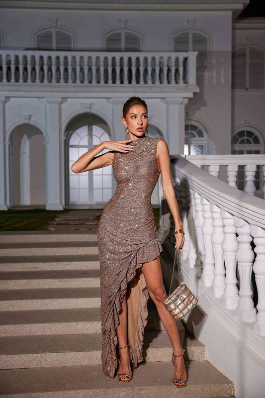 Sleeveless Asymmetric Sequin Dress - REBECATHELABEL